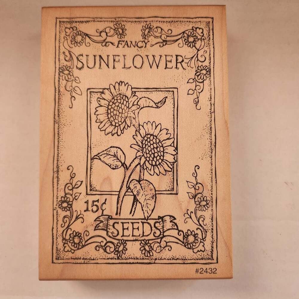 COMOTION Rubber Stamp Fancy Sunflower Seeds #2432 Wood Mounted Floral Garden
